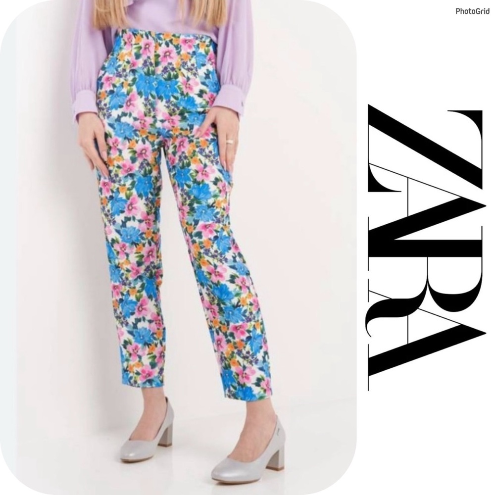 Zara Floral Cropped Ankle Pants in Blue, Pink, Green